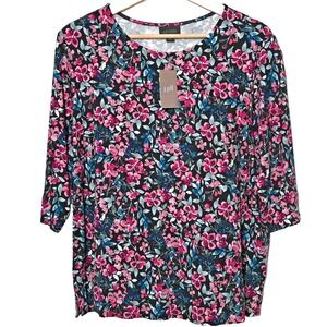 NEW J Jill Wearever Collection 1X Top Womens Black Pink Floral 3/4 Sleeve Plus